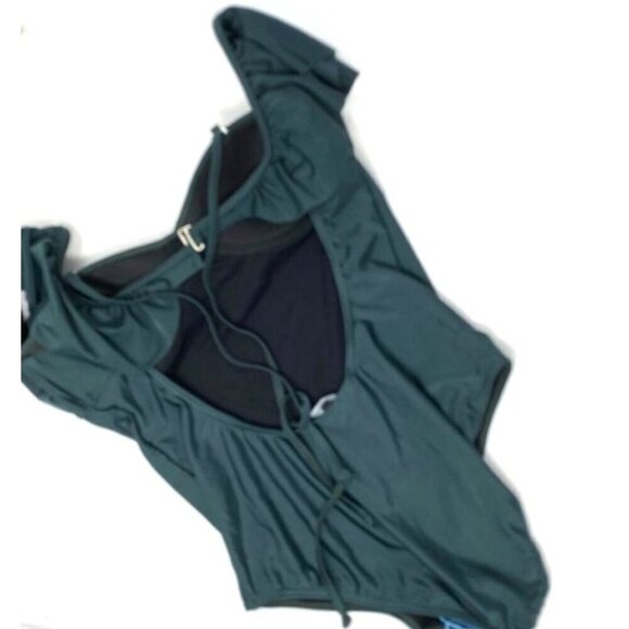 French Connection One Piece Green Ruffle Off Shoulder Swimsuit Size Med NWT B5 - Picture 4 of 10